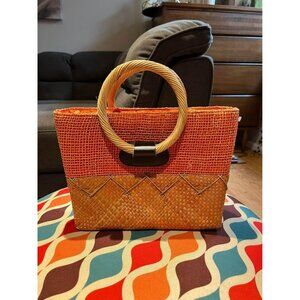 Vintage Orange Woven Handbag With Circular Handles